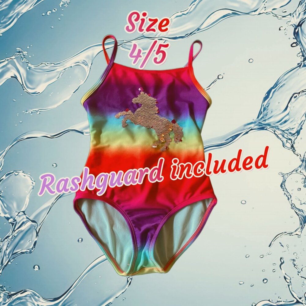 Rainbow Unicorn Swimsuit size 4/5 & Rashguard